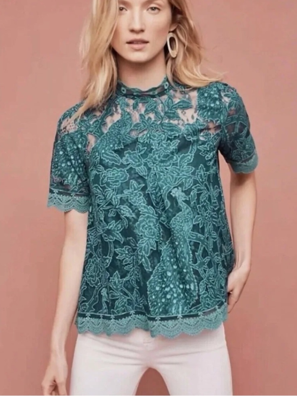 HD in Paris Anthropologie Teal Lace Short-Sleeve Blouse romantic,fairy core,